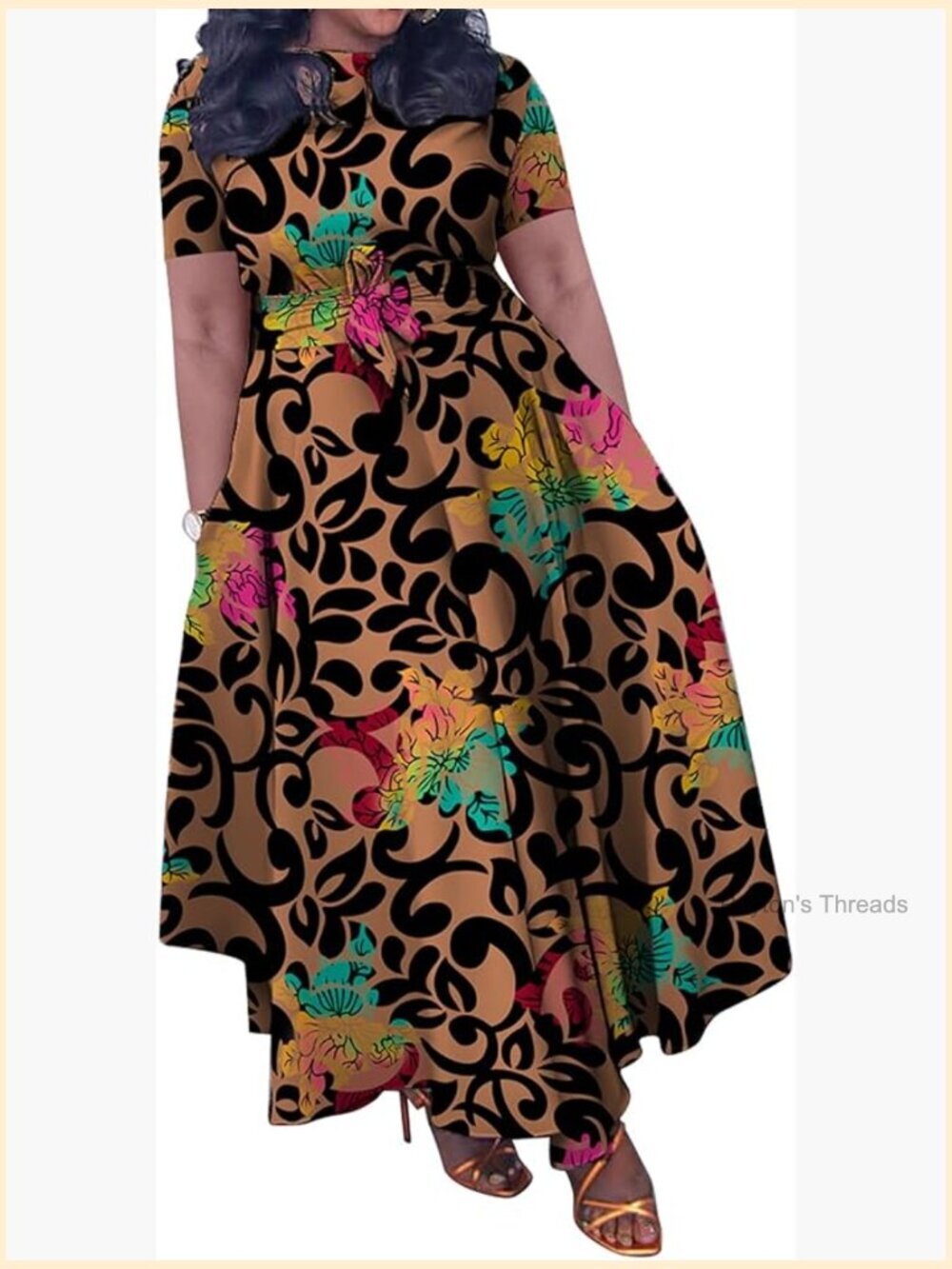 Plus Size Maxi Dress African Print Short Sleeve Flowy Ruffle with Belt